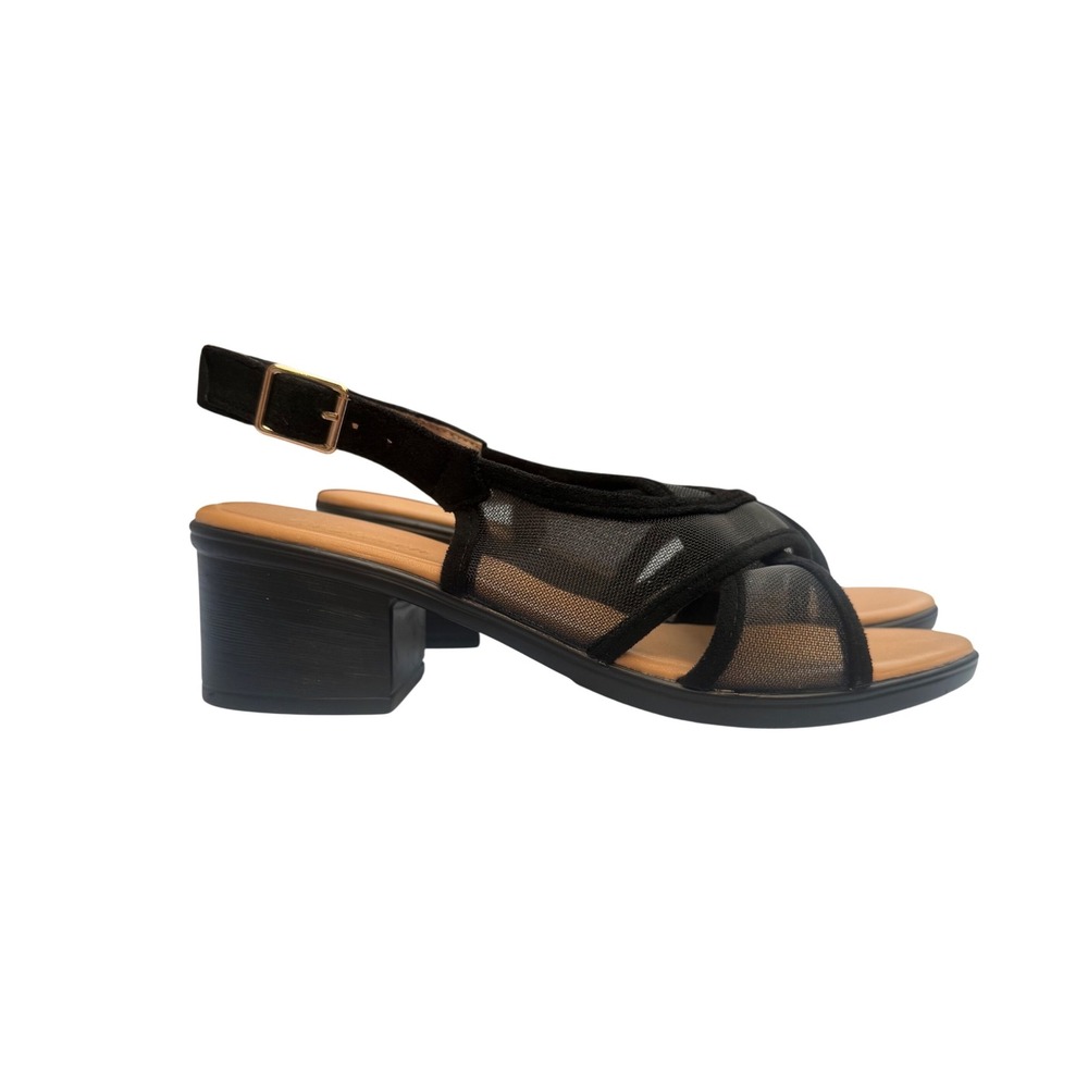 Kufeiwen Mesh Block Heel Sandals Sheer Strappy Slingback Black Minimalist 39/8
